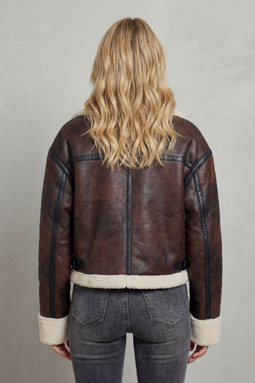 Women's Cropped Aviator Jacket with Shearling Trim - Mirevola