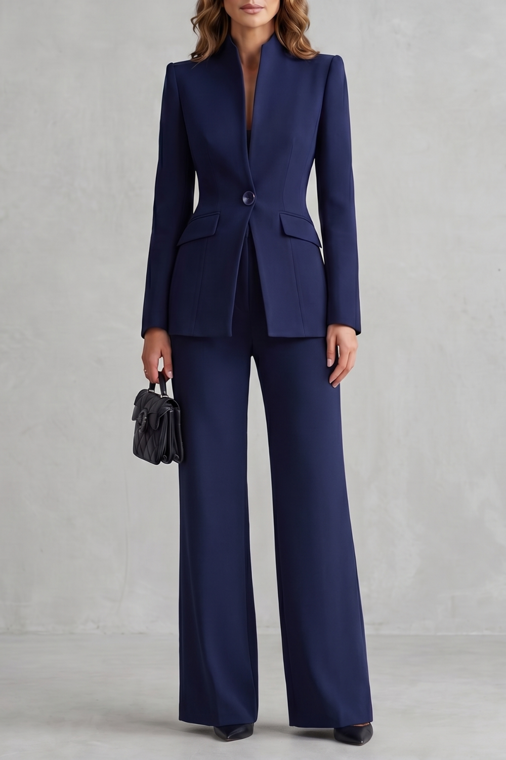 Women's stand-collar blazer and wide-leg pants suit set, front view