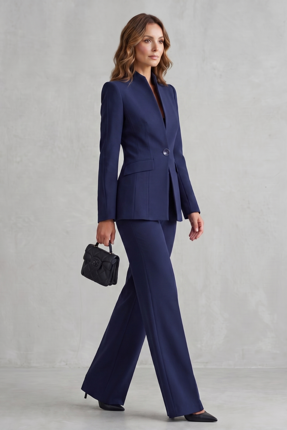 Back view of the structured blazer and wide-leg suit pants