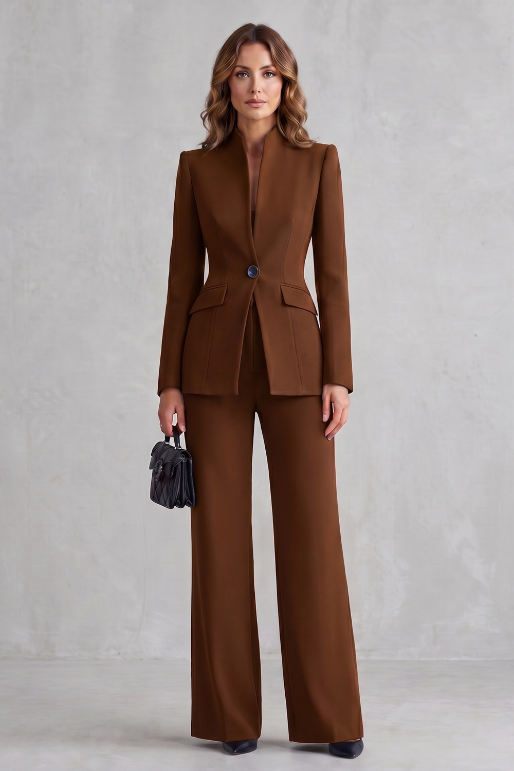 Montclaire suit set styled with pointed heels and a structured handbag