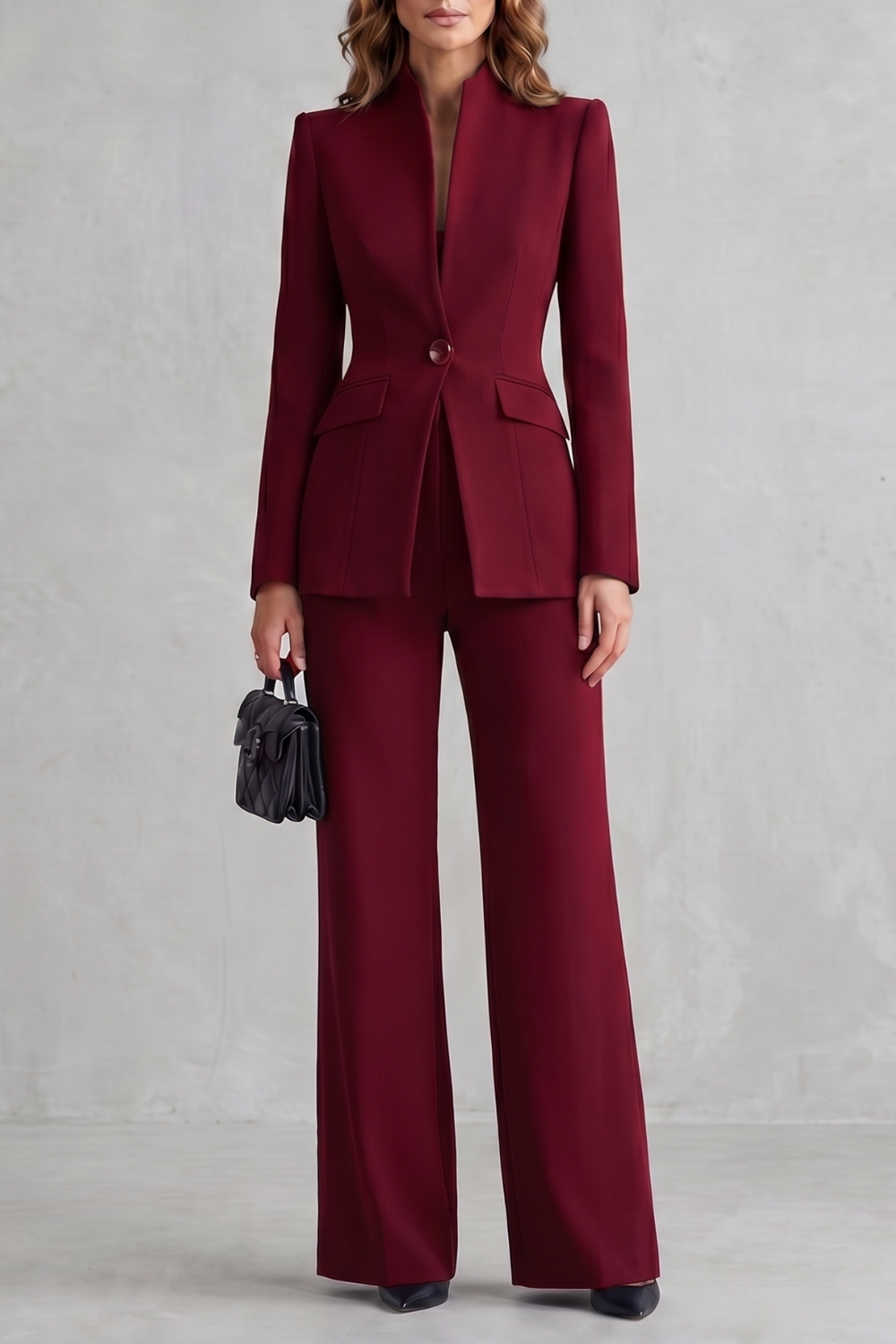 Black colorway of the stand-collar suit set, full-length view