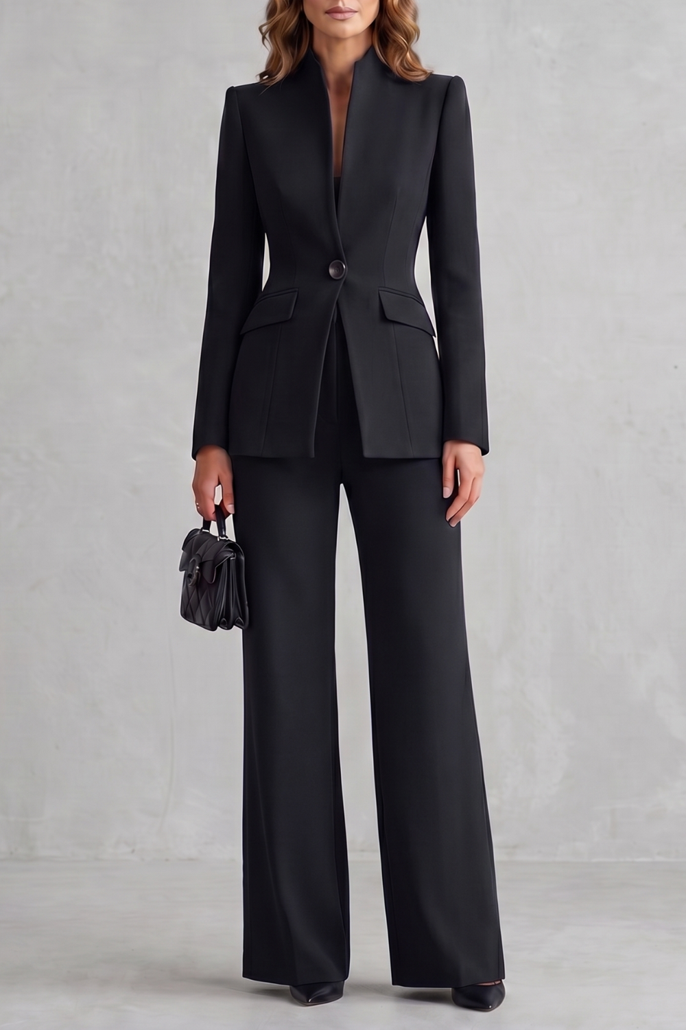 Navy colorway of the stand-collar blazer suit set, full-length view