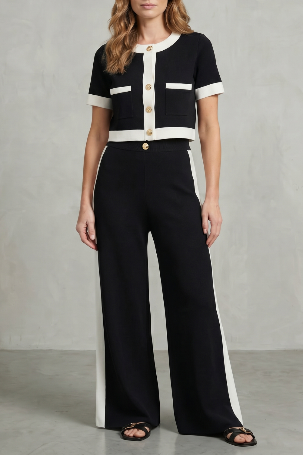Women's cropped short-sleeve top and wide-leg pants set, front view