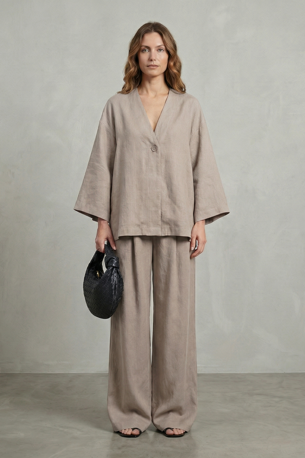Close-up of the lightweight lined fabric and soft drape of the set
