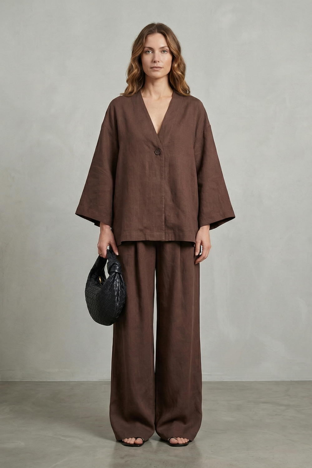 Side view of the wrap top and wide-leg pants two-piece set