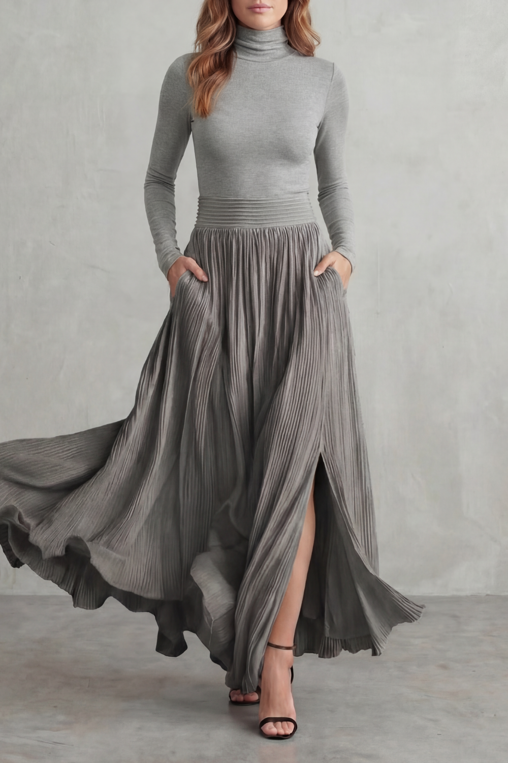 Detail close-up of the pleated fabric and concealed side pocket