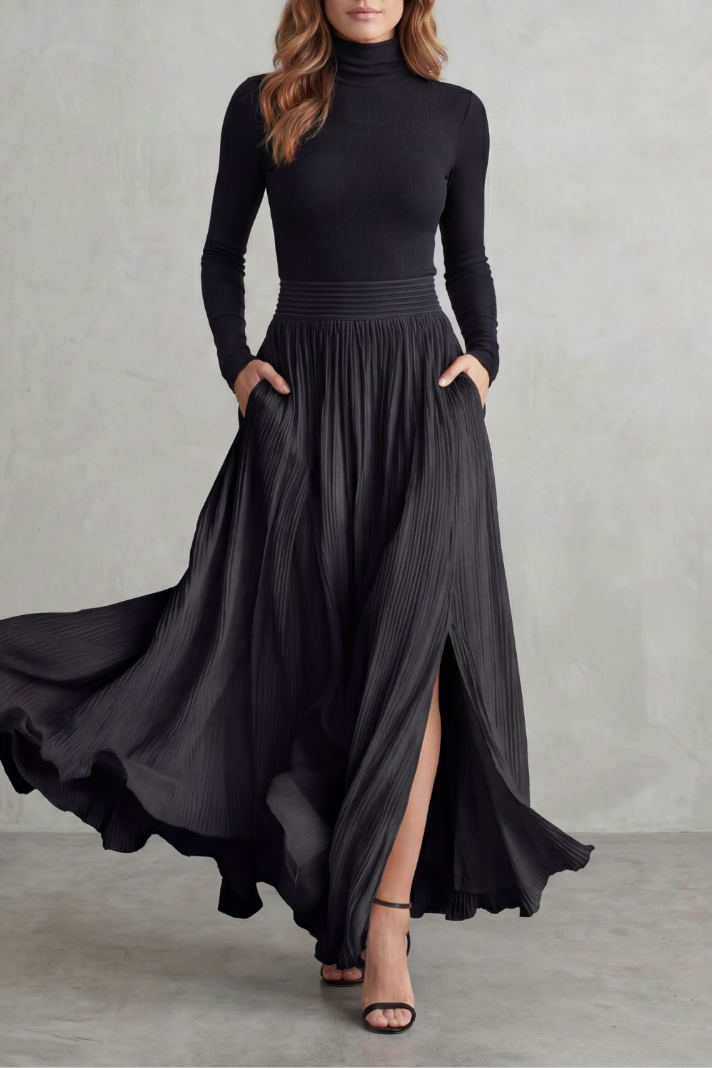 Women's turtleneck top and pleated maxi skirt set, front view