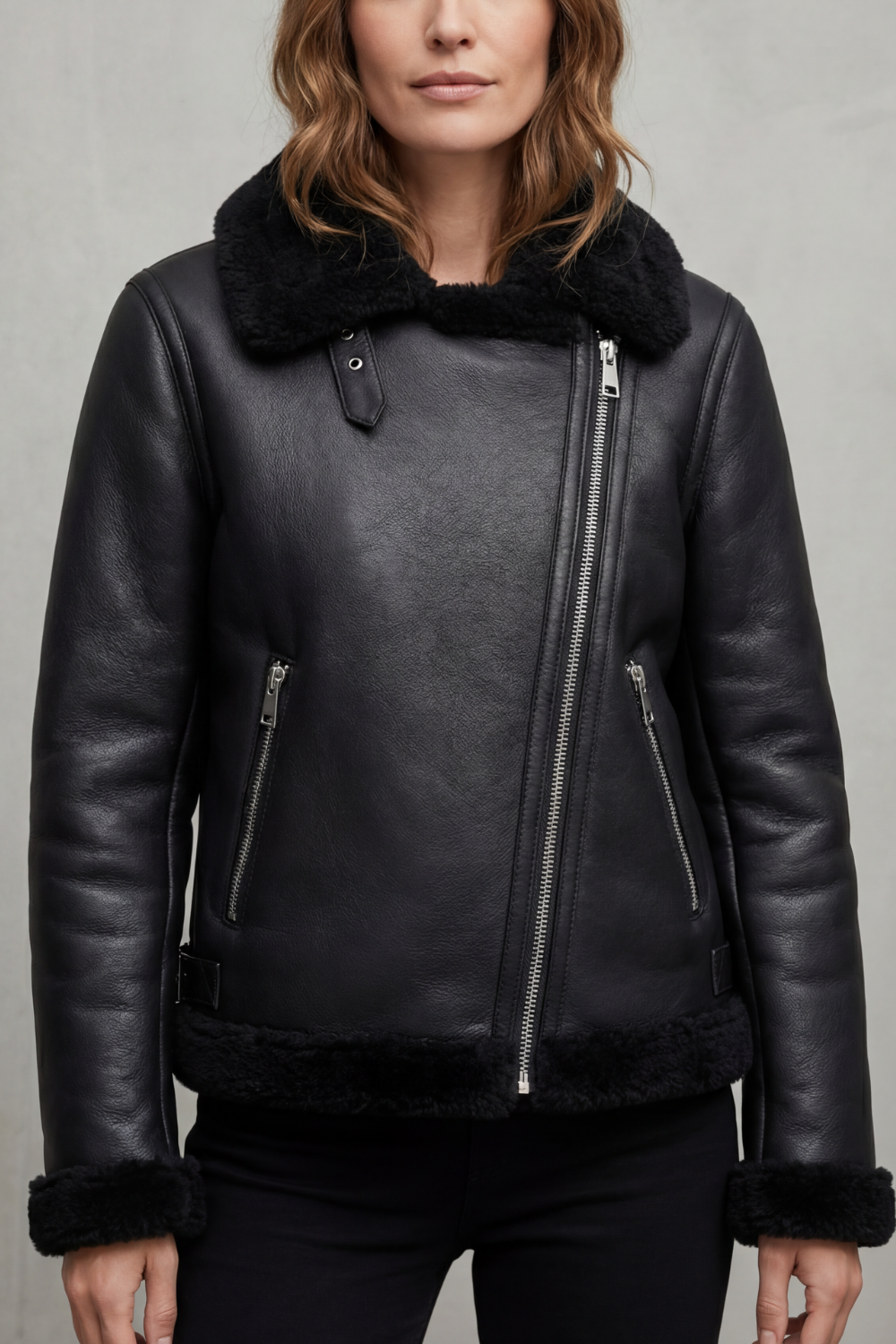 Women's Asymmetrical Zip Shearling Biker Jacket - Noirellé