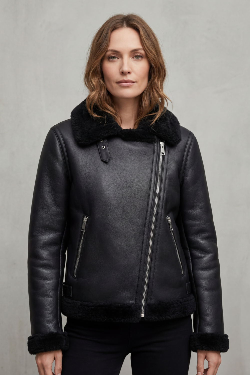 Women's Asymmetrical Zip Shearling Biker Jacket - Noirellé