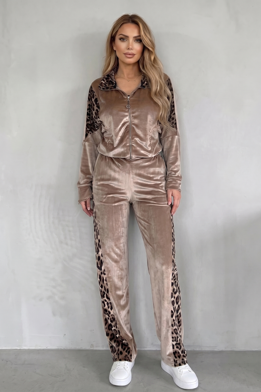 Side view of the leopard print zip-front jacket and drawstring pants set