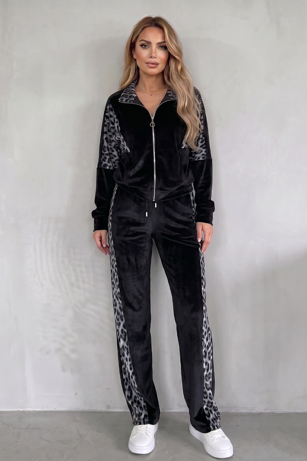 Gray colorway of the leopard contrast athleisure set, full-length view