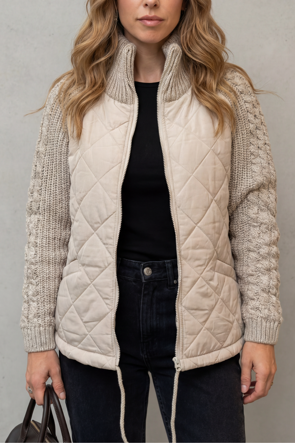Women's Quilted Puffer Jacket with Textured Knit Accents - Norcetta