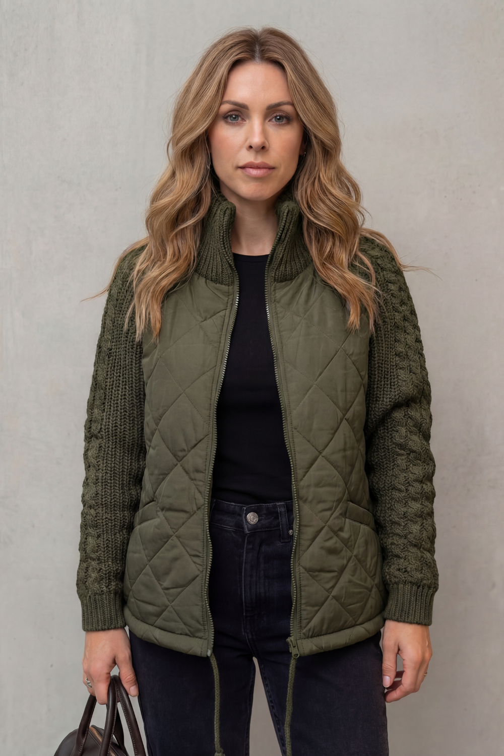 Women's Quilted Puffer Jacket with Textured Knit Accents - Norcetta