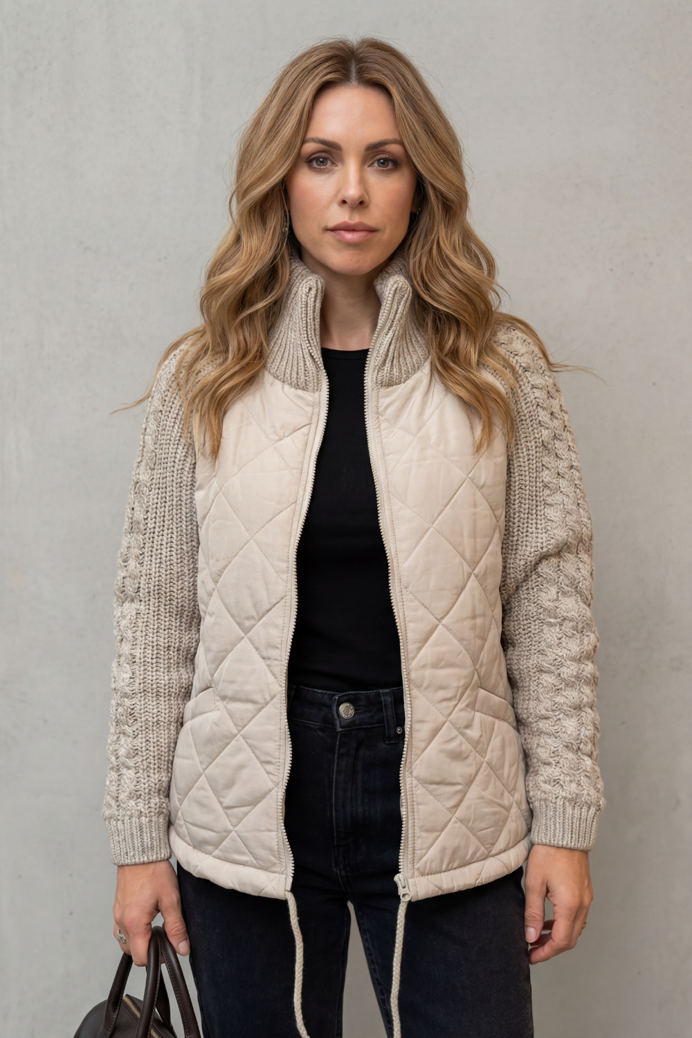 Women's Quilted Puffer Jacket with Textured Knit Accents - Norcetta