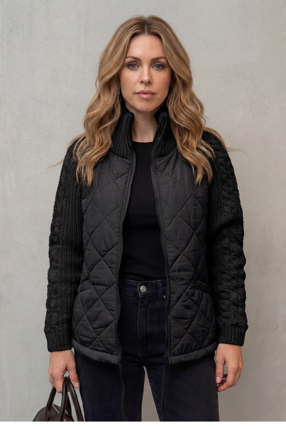 Women's Quilted Puffer Jacket with Textured Knit Accents - Norcetta