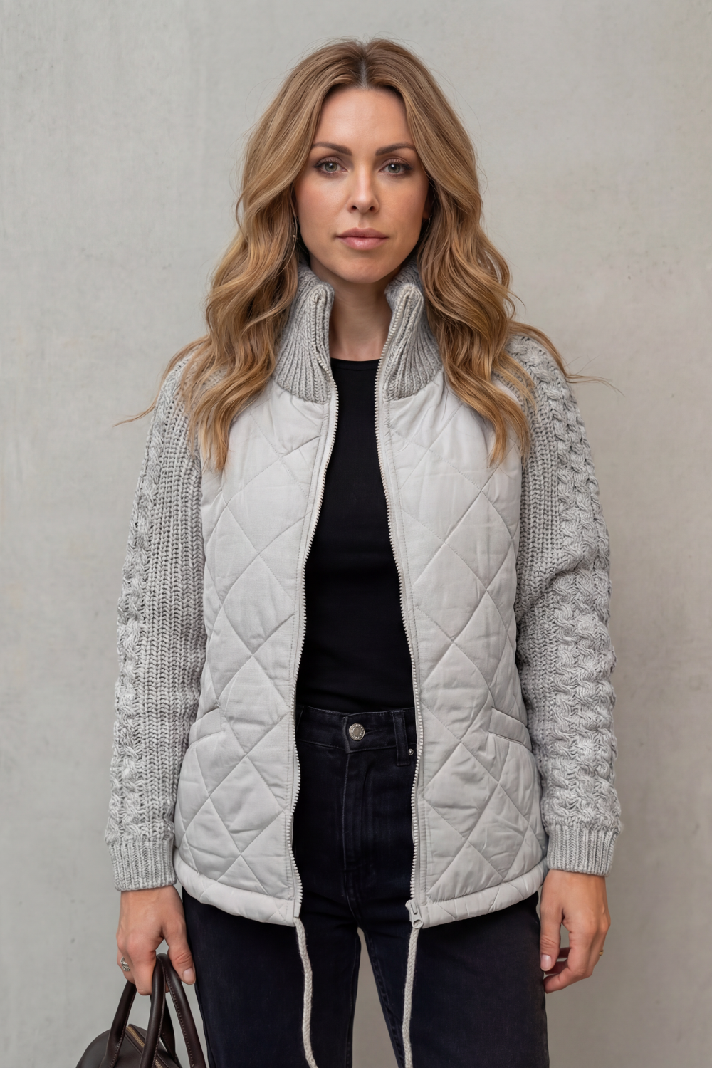 Women's Quilted Puffer Jacket with Textured Knit Accents - Norcetta