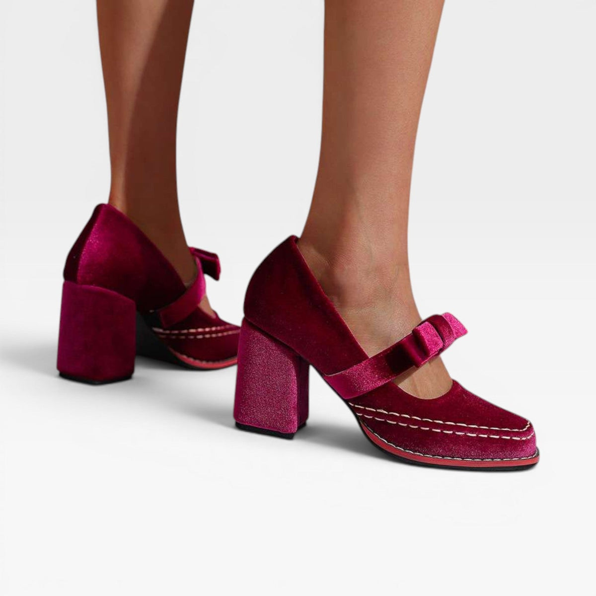 Women's Velvet Mary Jane Block Heel Pumps with Bow – Party Shoes | Garsington