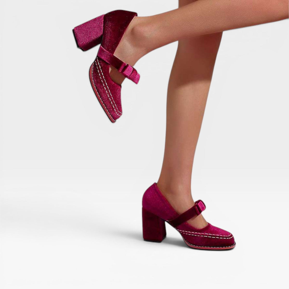 Women's Velvet Mary Jane Block Heel Pumps with Bow – Party Shoes | Garsington