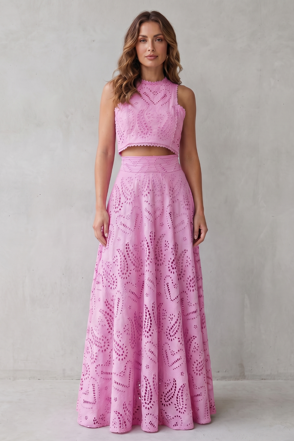 Light Blue colorway of the lace crop top and midi skirt set, full-length view