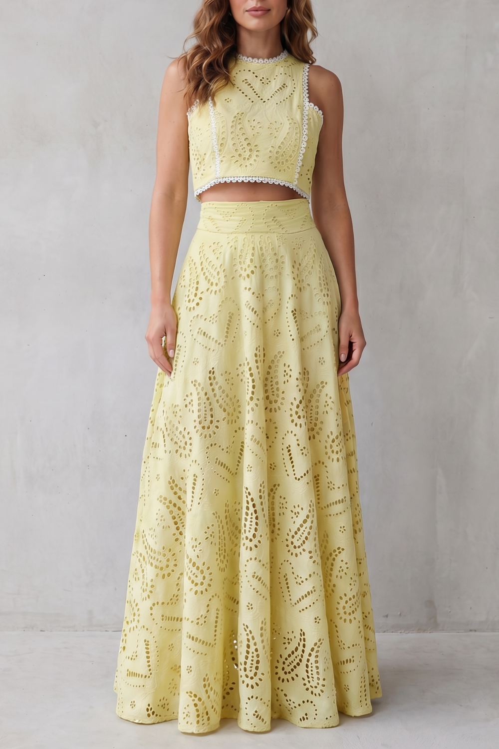 Light Pink colorway of the lace crop top and midi skirt set, full-length view