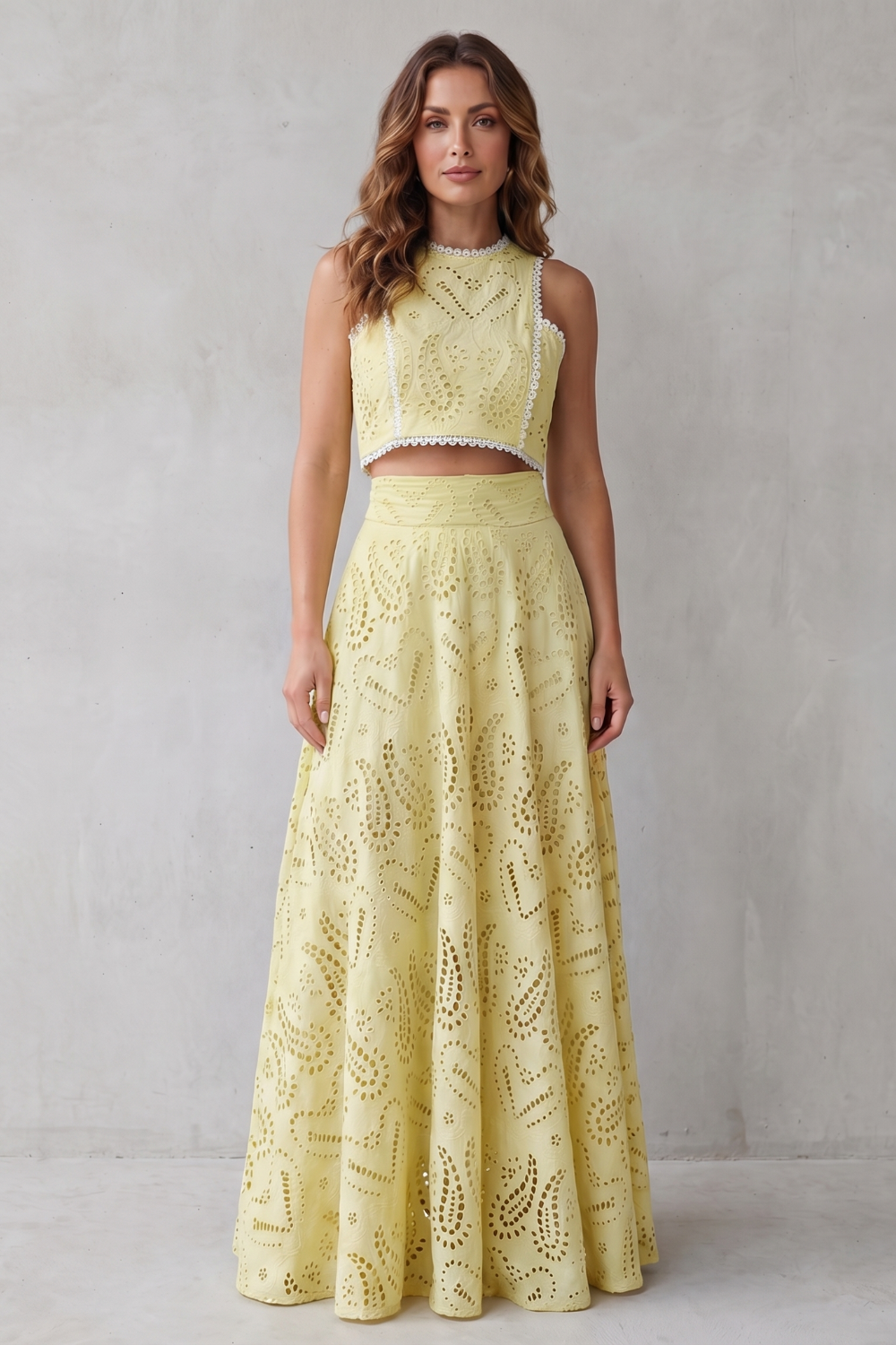Light Yellow colorway of the lace crop top and midi skirt set, full-length view