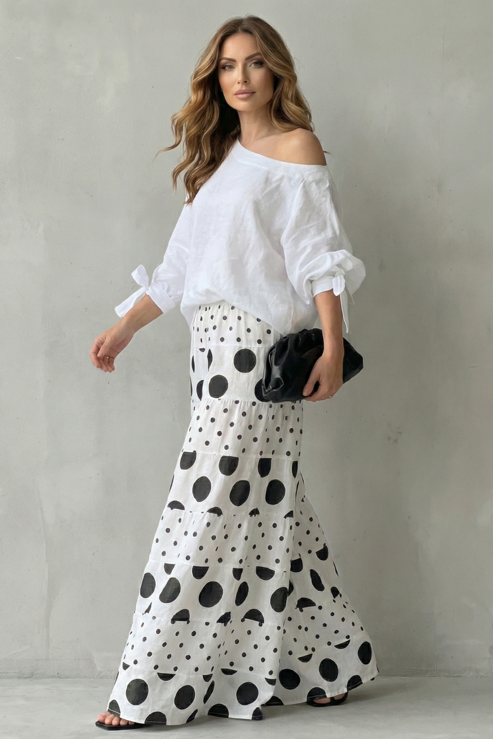 Back view of the two-piece polka dot top and wide-leg pants set