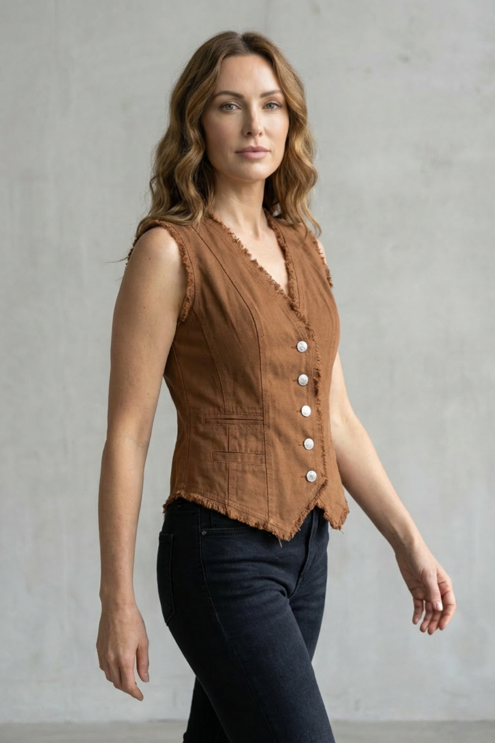 Women's Distressed Denim Vest with Buttons - Vercelline