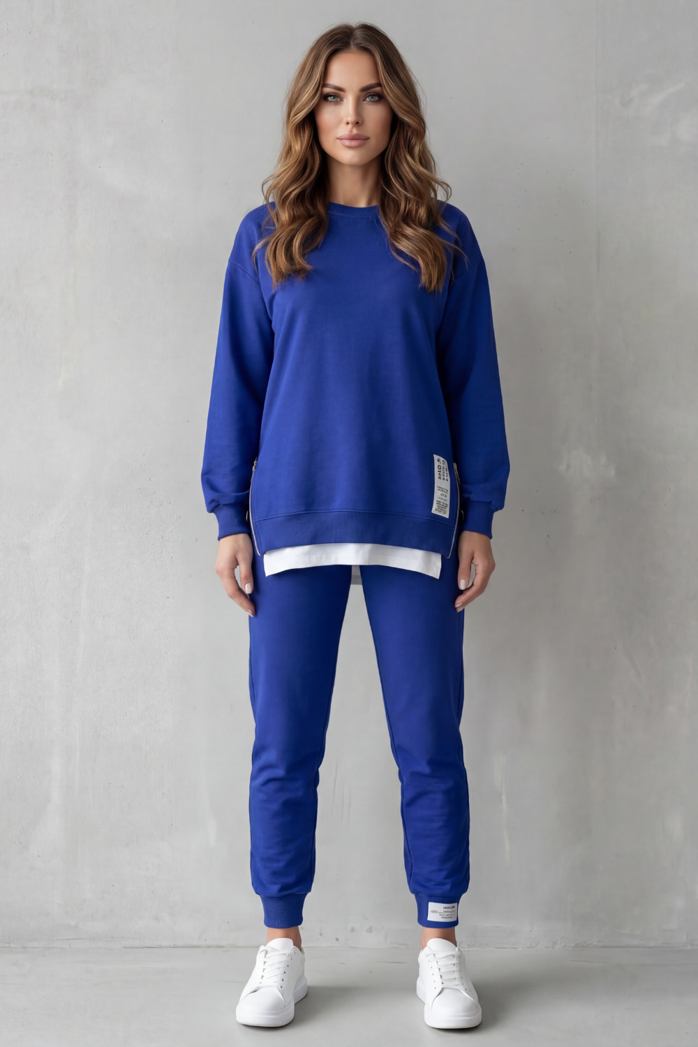 Full-length styled view of the balloon-sleeve jogger lounge set