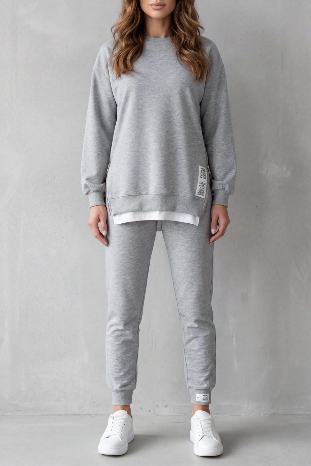Women's balloon-sleeve top and cuffed joggers lounge set, front view