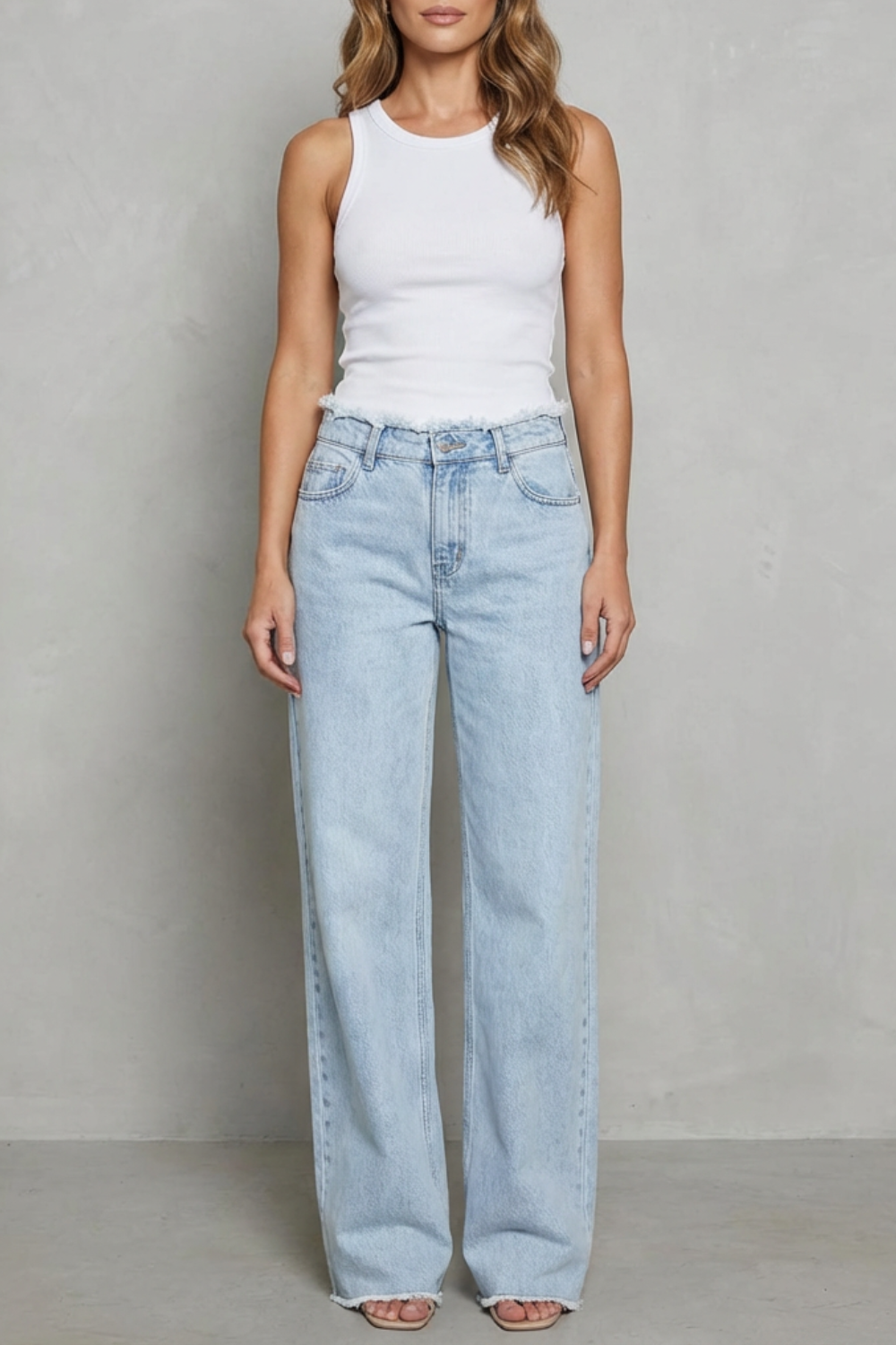 Women's High Rise Wide Leg Jeans with Raw Hem - Quintessa