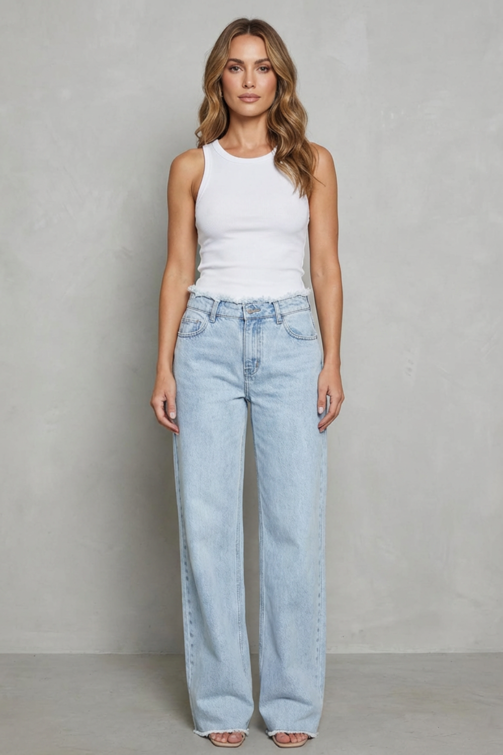 Women's High Rise Wide Leg Jeans with Raw Hem - Quintessa
