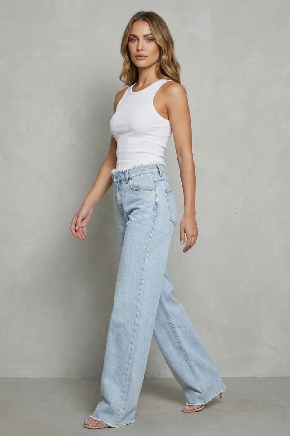 Women's High Rise Wide Leg Jeans with Raw Hem - Quintessa