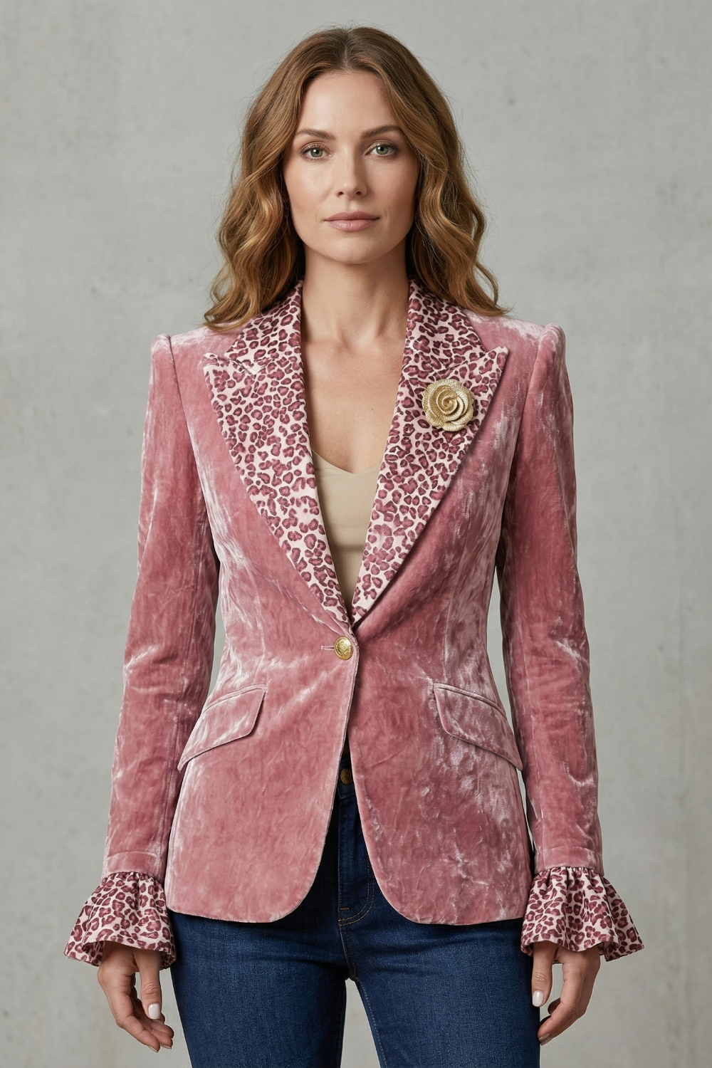 Women's Velvet Blazer with Printed Contrast Lapels - Violanne