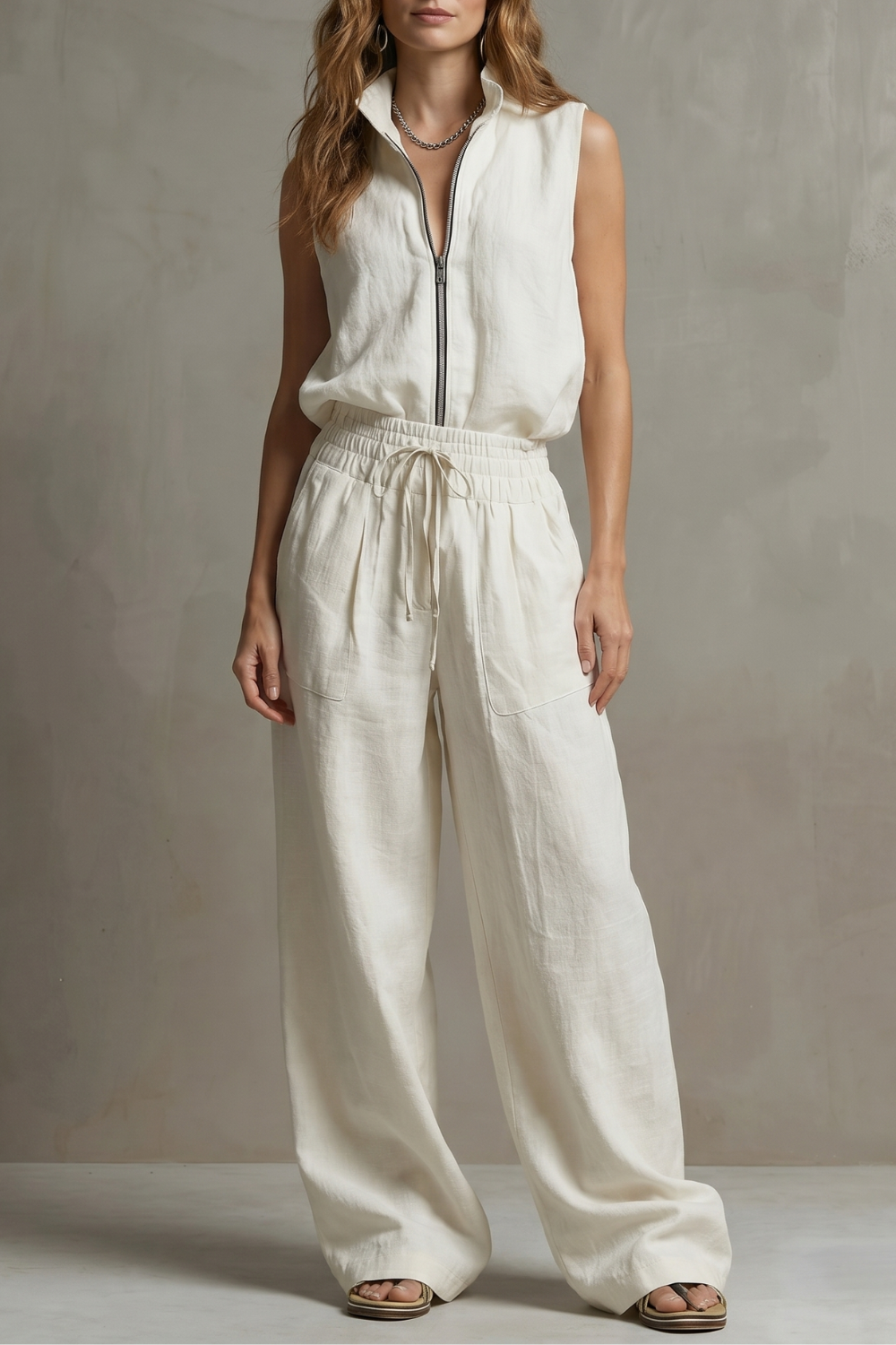 Women's sleeveless zip-front top and wide-leg pants set, front view