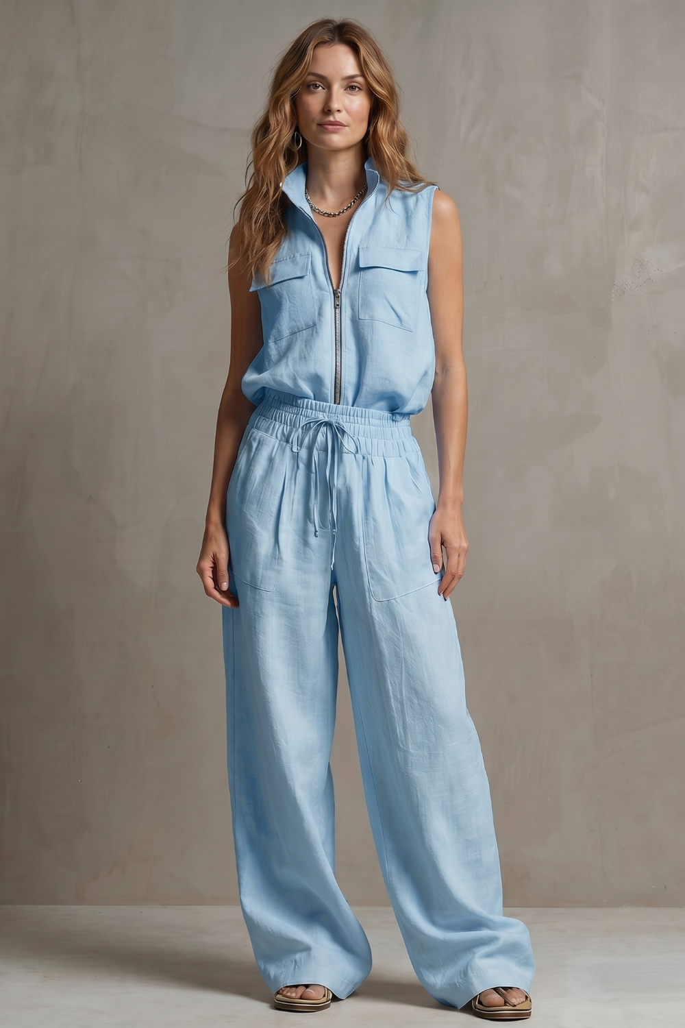 Full-length view of the coordinated sleeveless top and pants set on model