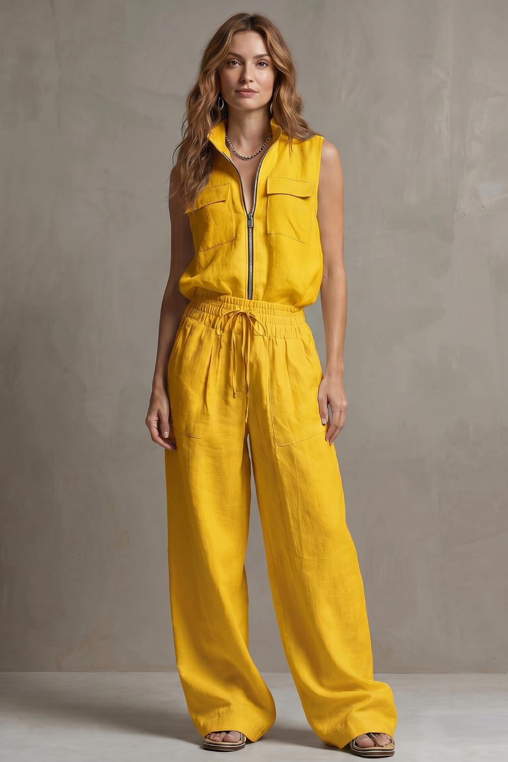 Yellow colorway of the sleeveless zip-front pants set, full-length view