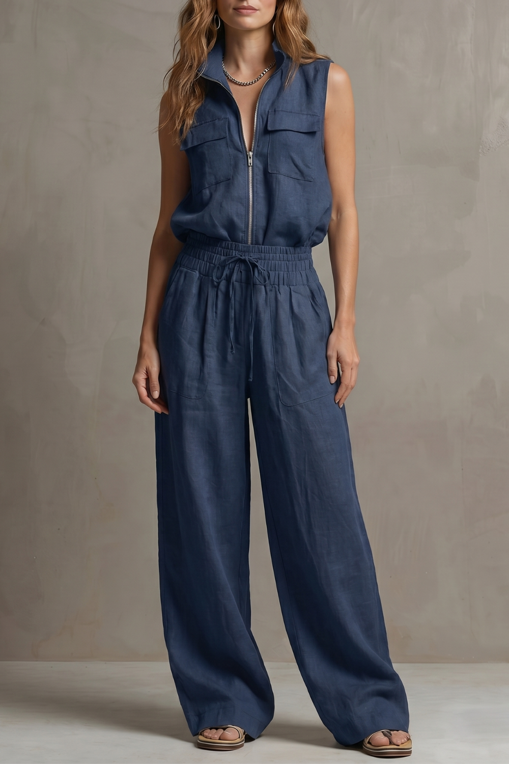 Light Blue colorway of the sleeveless zip-front pants set, full-length view