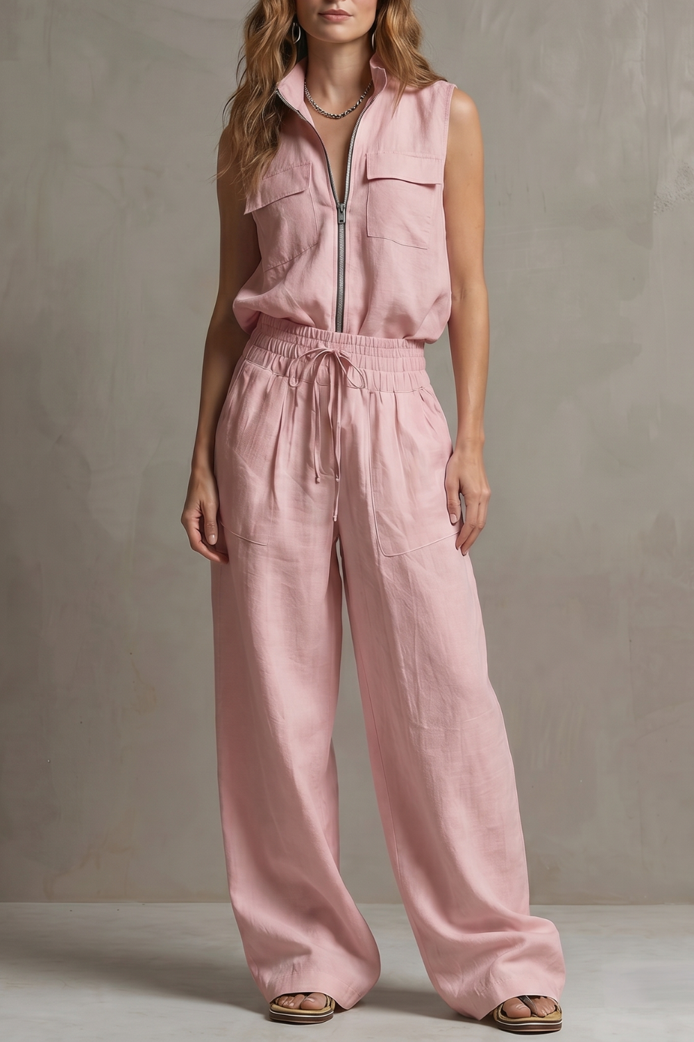 Detail of the elasticated drawstring waist on the wide-leg pants
