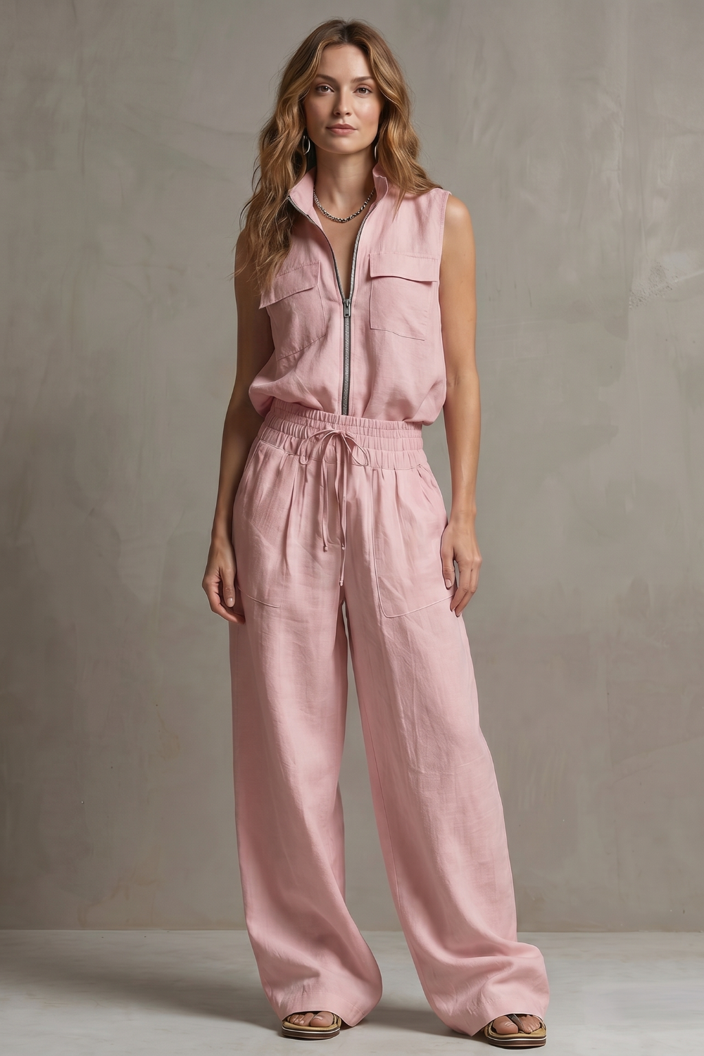 White colorway of the sleeveless zip-front pants set, full-length view