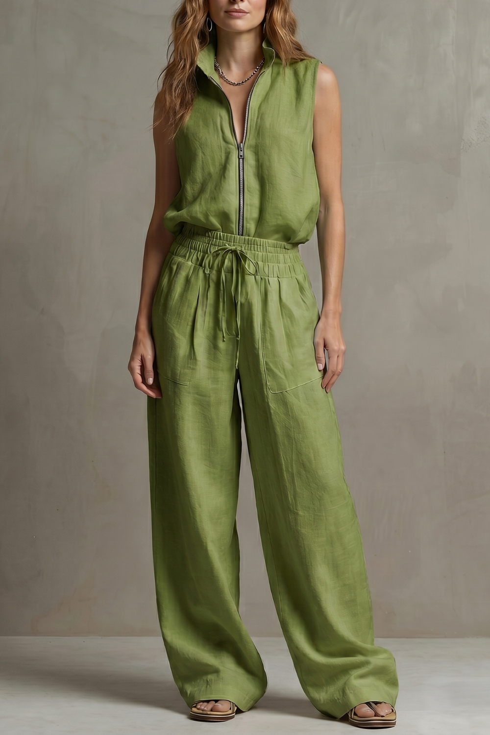 Green colorway of the sleeveless zip-front pants set, full-length view
