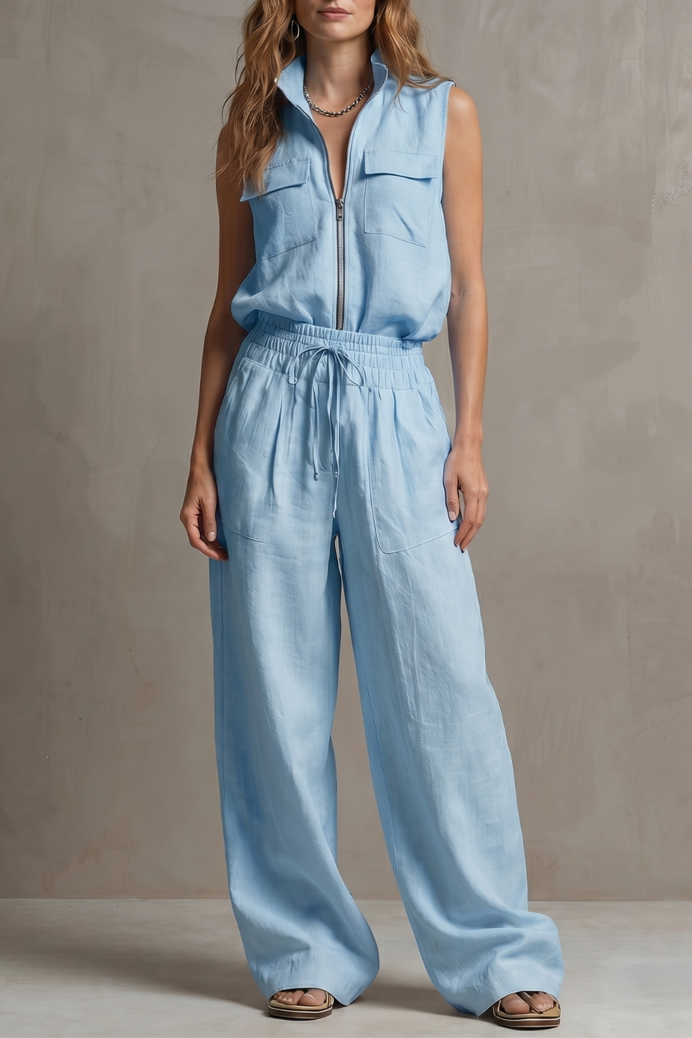 Seated view showing the relaxed drape of the wide-leg pants