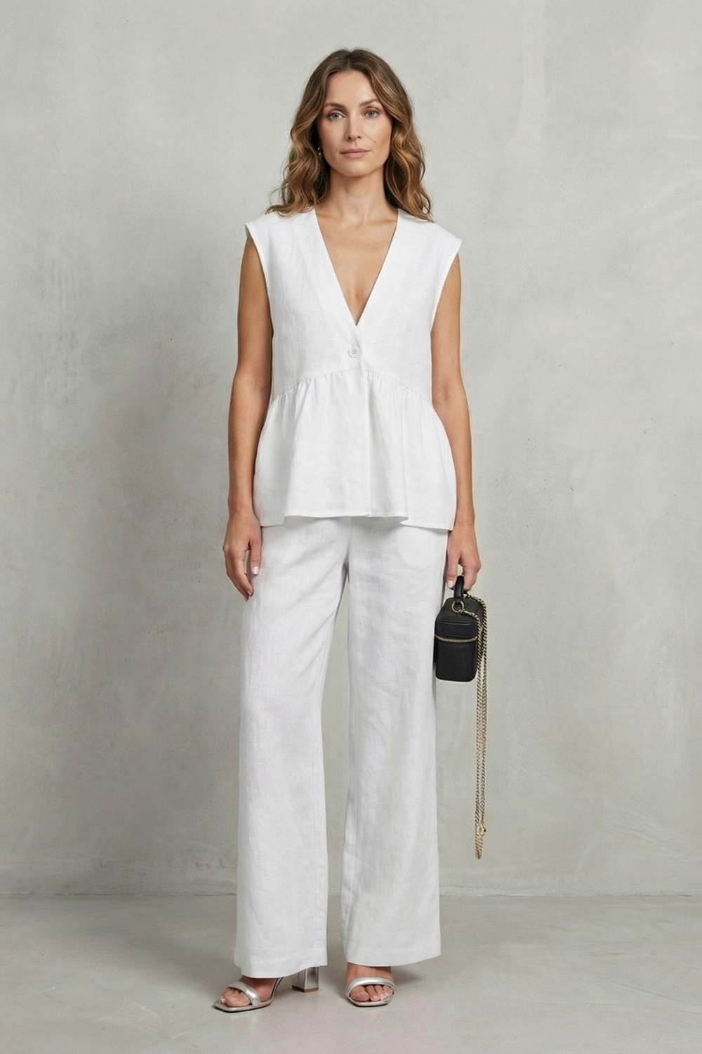 Khaki colorway of the ruffle top and straight-leg pants set, full-length view