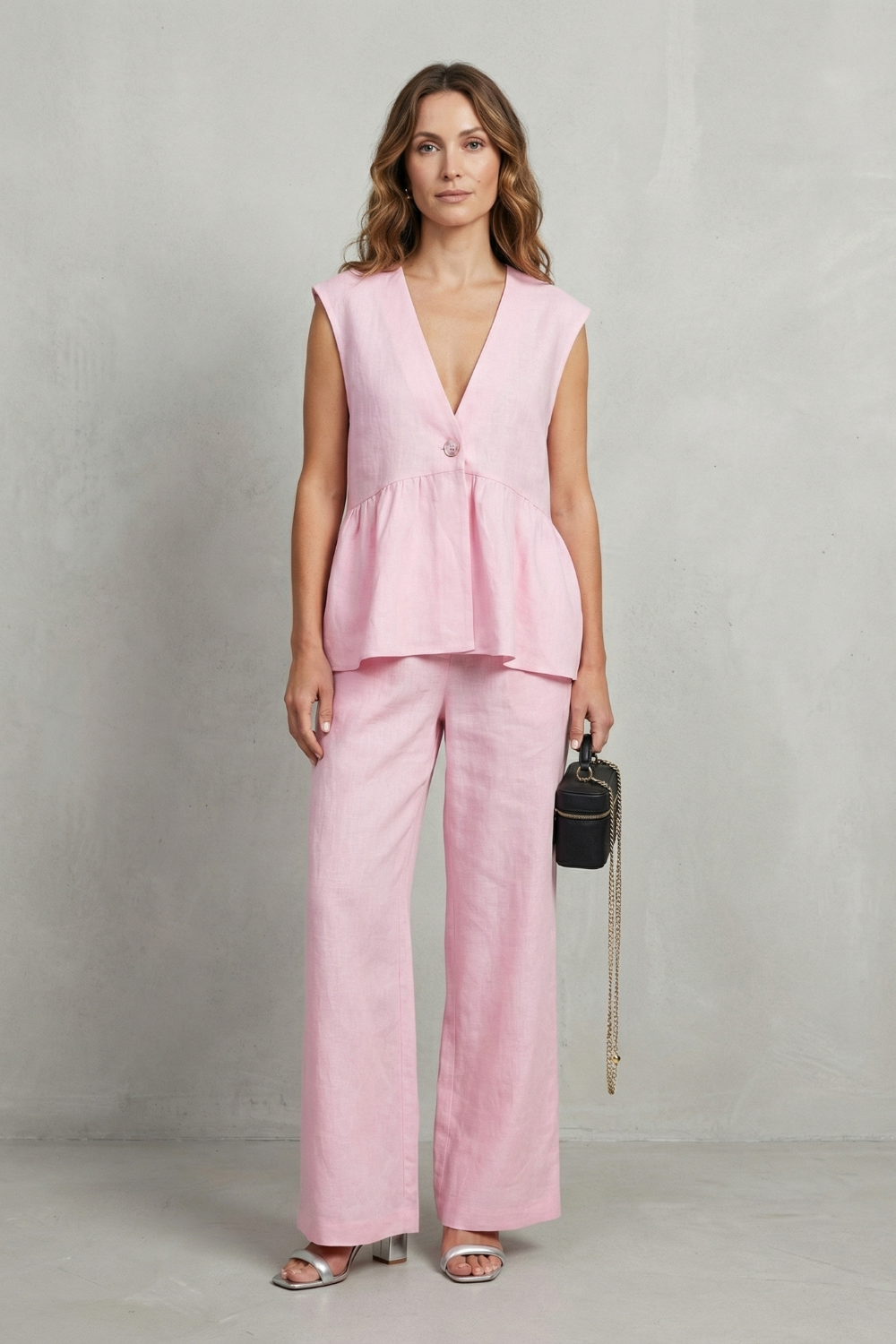 Side view of the Roselune ruffle top and straight-leg pants set