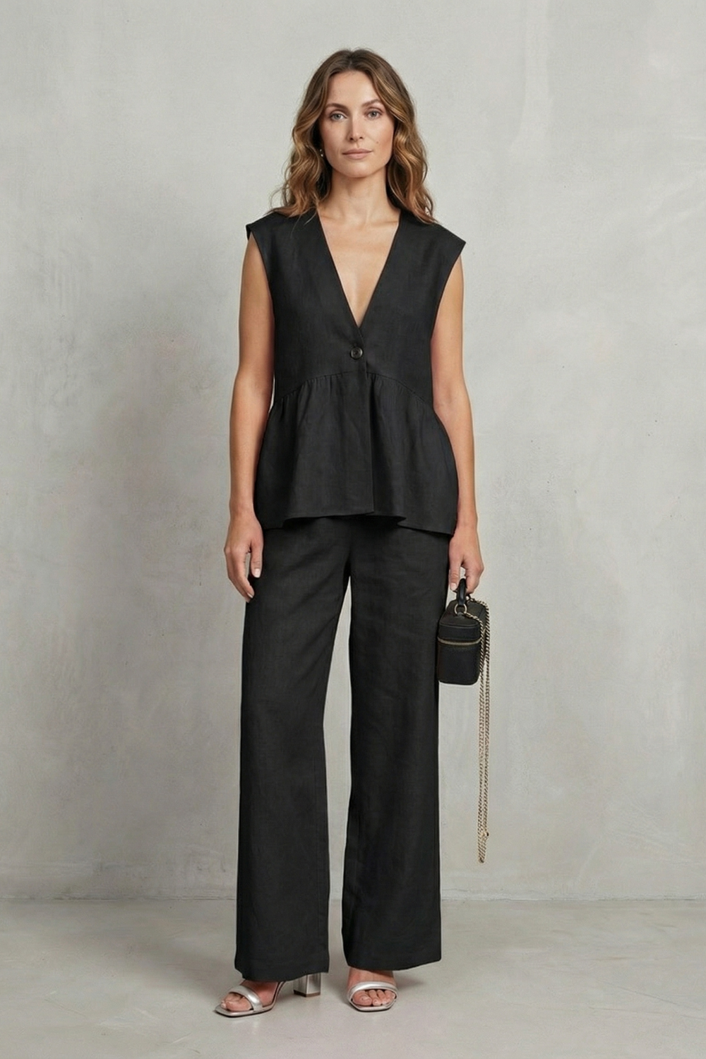 Black colorway of the Roselune two-piece set, full-length view