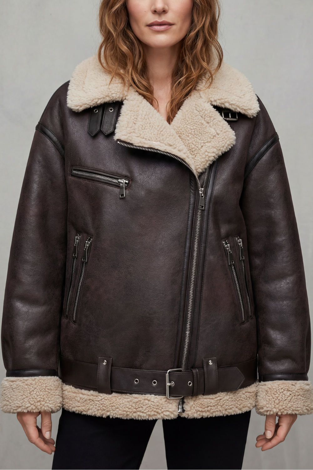 Women's Aviator Coat with Belted Shearling Trim - Rouxvelle