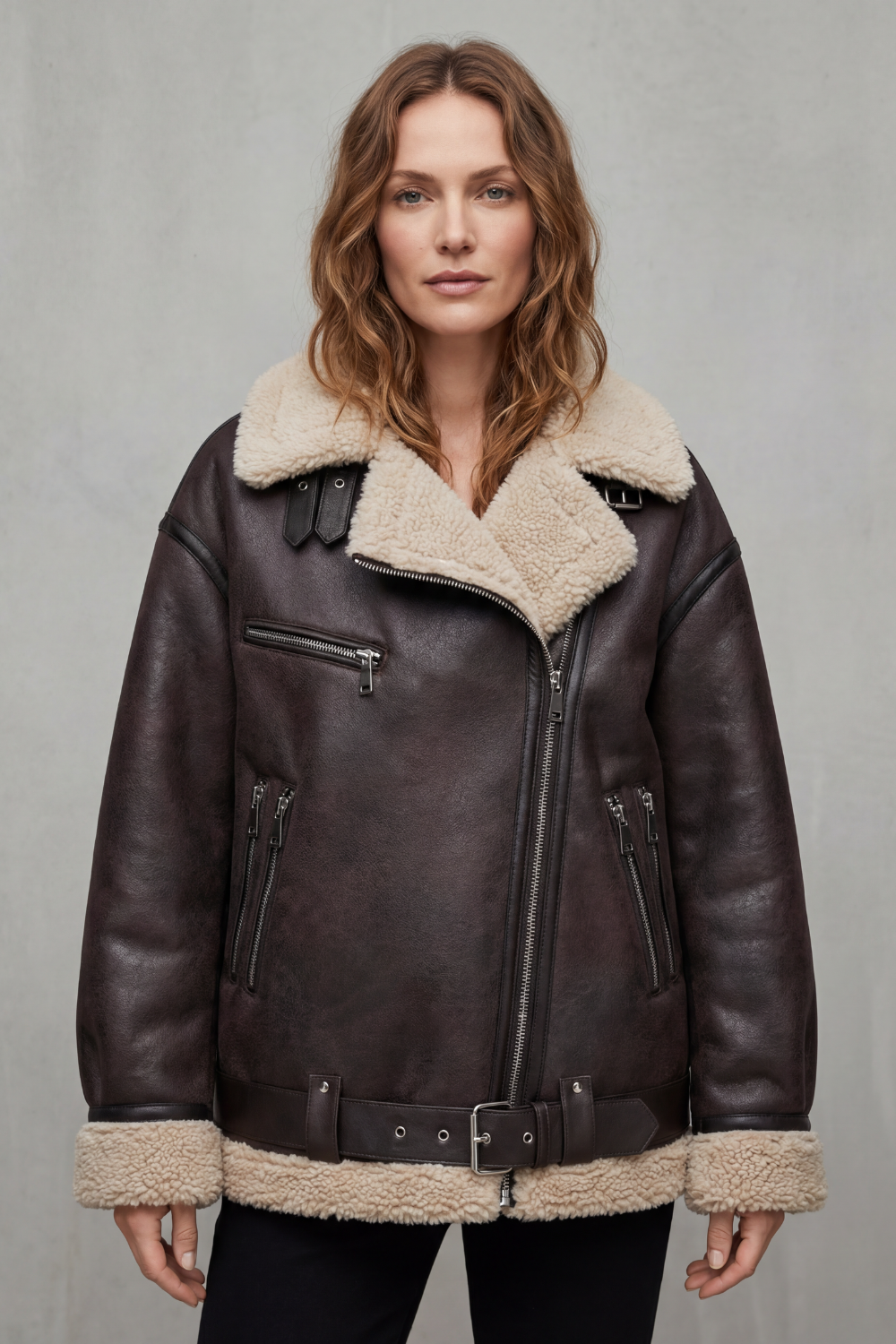 Women's Aviator Coat with Belted Shearling Trim - Rouxvelle