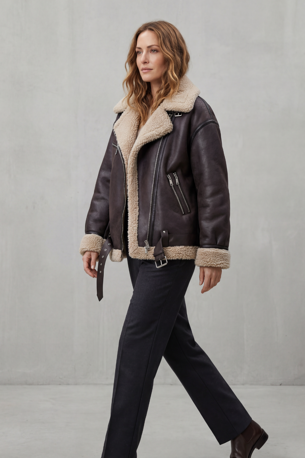 Women's Aviator Coat with Belted Shearling Trim - Rouxvelle