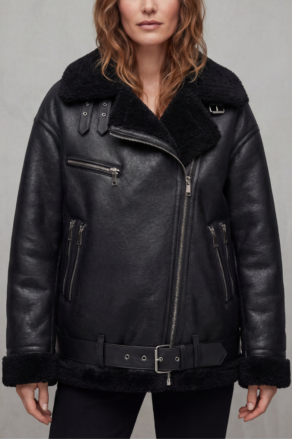 Women's Aviator Coat with Belted Shearling Trim - Rouxvelle