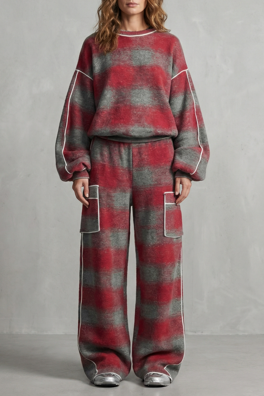 Women's distressed plaid oversized sweatshirt and wide-leg pants set, front view