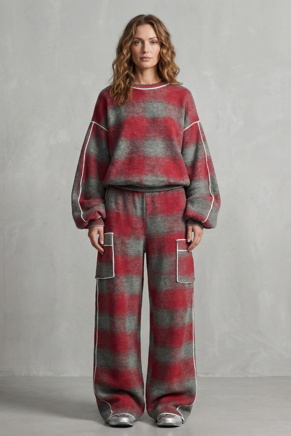Side view of the oversized plaid sweatshirt and wide-leg pants set